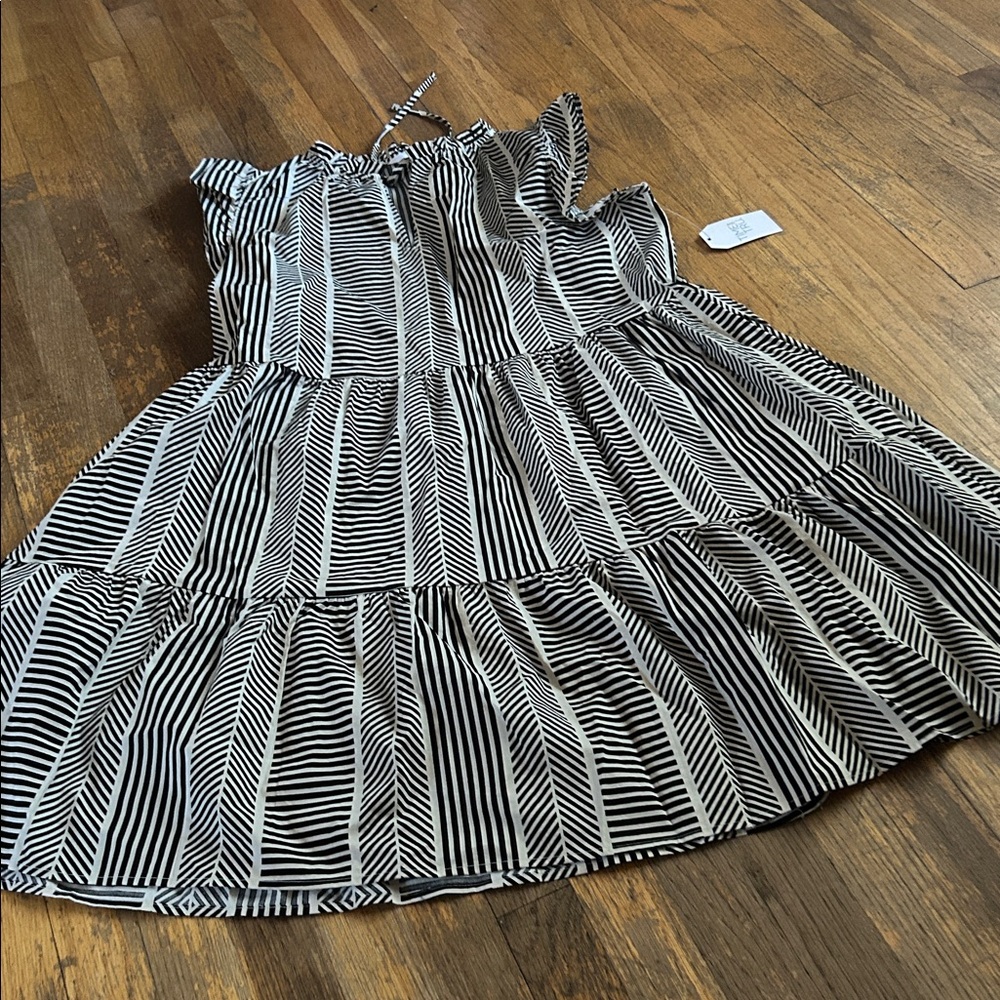 Stylish Black and White Striped Dress  flutter sleeves